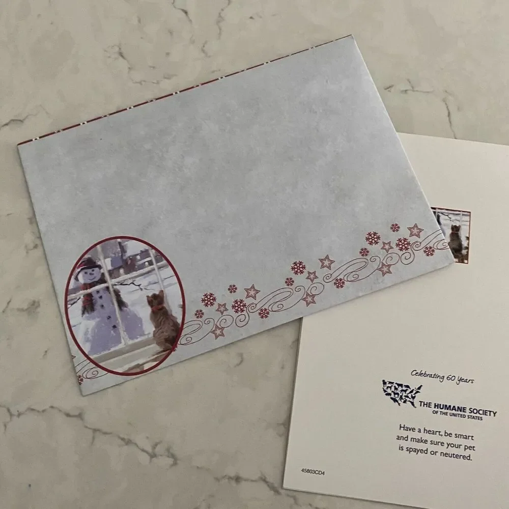 Christmas Greetings Card Cat Watching Snowman Warm Holiday Wishes Humane Society - Picture 4 of 4